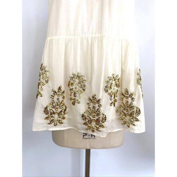 Maeve Anthropologie Simona Top Sm Sequined Cut Out Babydoll Blouse Ivory Gold - Picture 6 of 12